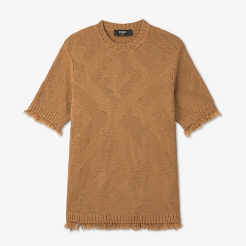 [Fendi] 펜디 FF 로고 니트 반소매 티셔츠 - 브라운 / FZX144AN3TF1FLO