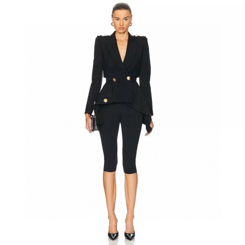 [alexanderwang] 알렉산더왕 Women's Black Double-breasted Padded-shoulder Wool Blazer