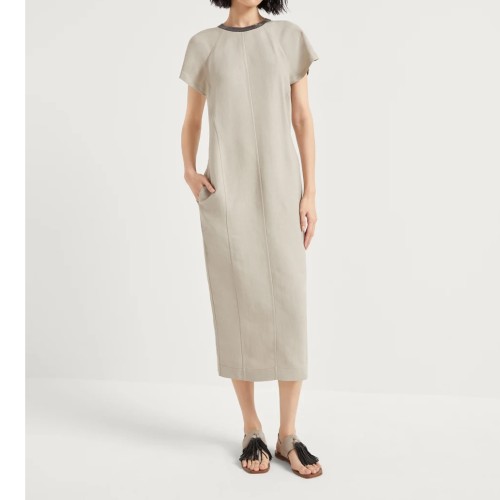 [Brunello Cucinelli] 브루넬로 쿠치넬리 Viscose and linen fluid twill dress with precious collar 251MH126AHB5