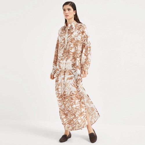 [Brunello Cucinelli] 브루넬로 쿠치넬리 Silk herbarium print pongee shirt dress with monili 251MQ999ARA91