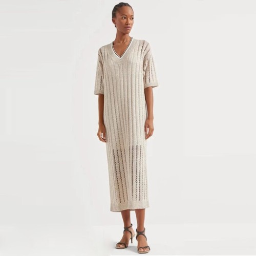 [Brunello Cucinelli] 브루넬로 쿠치넬리 Dazzling ribbed net knit dress in linen 251MCO559A92