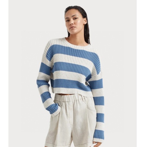 [Brunello Cucinelli] 브루넬로 쿠치넬리 Striped dazzling cotton English rib cropped sweater 242MDV557200P