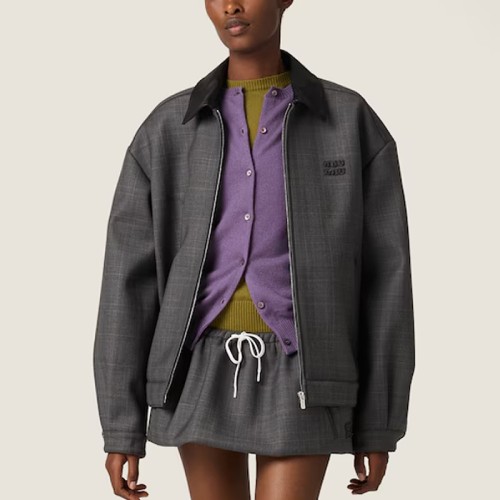 [Miumiu] 미우미우 프린스 웨일즈 체크 앤 본디드 저지 블루 자켓 ML1325-174Z-F0480