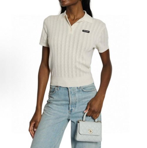 [Miumiu] 미우미우 프론트 버튼 숏슬리브 비앙코 캐시미어 앤 실크 블렌드 니트 폴로 셔츠 25070731
