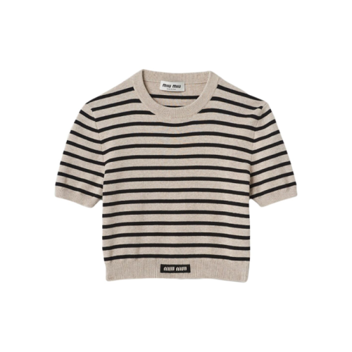 [MiuMiu] 미우미우 로고헴 스트라이프 코튼 반팔니트 MML739S23112ZG F0F6H