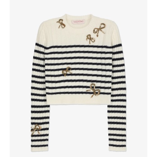 [Valentino] 발렌티노 엠브로이드 니트 - 아이보리:네이비 / 3B3KC47D8477CL