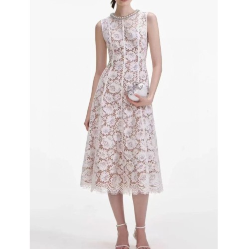 [Self portrait] 셀프 포트레이트 White Fine Lace Pearl Midi Dress