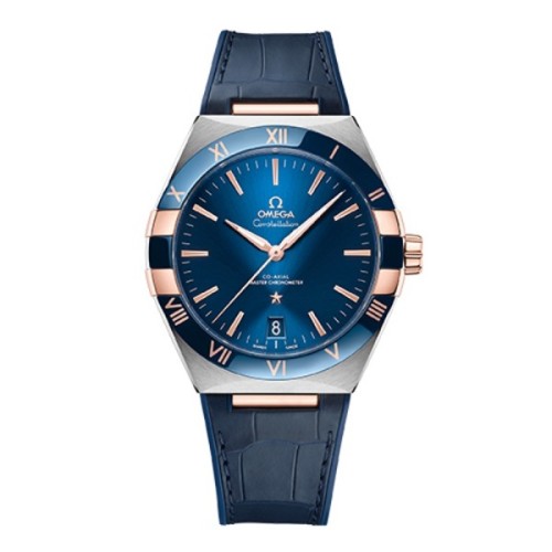 [OMEGA] 오메가 컨스텔레이션 데이트 41mm 로즈골드 블루 베젤 오토매틱 가죽 시계 131.23.41.21.03.001