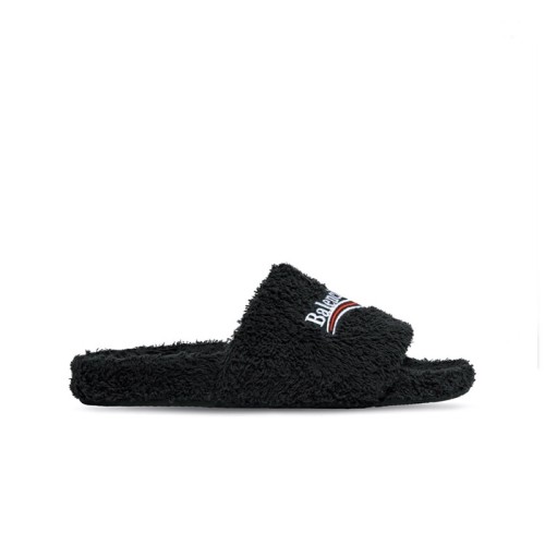 [Balenciaga] 발렌시아가 블랙 페이크 셜링 화이트 Political Campaign 엠브로이더리 퍼리 슬라이드 샌들 654261W2DO11096