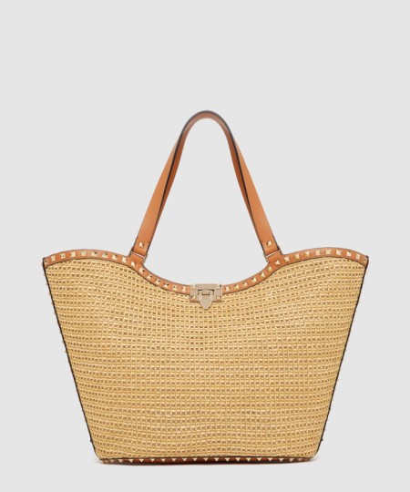 [VALENTINO-발렌티노]락스터드 우븐 라피아 쇼퍼백